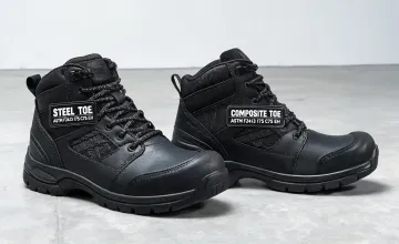 Safety boots on industrial floor