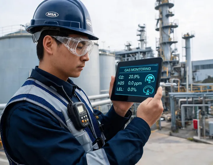 Worker reviewing connected PPE dashboard